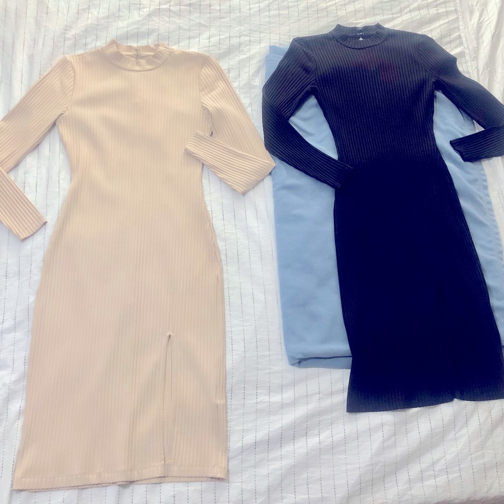 Two(2) Bebe long-sleeve midi dresses with mock neck size Small
